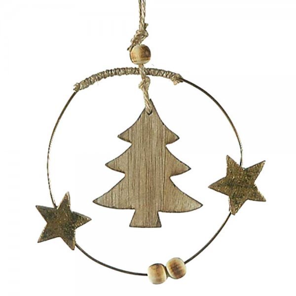 Χριστουγεννιάτικο Κρεμαστό Ξύλινο Δεντράκι, με Χρυσά Αστεράκια (12cm)